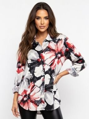 Chico's Floral Button-Down Tunic Shirt in White, Black  and Red (SIZE: 3 )